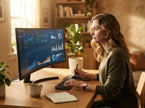 Woman working at a wooden desk with a large curved monitor displaying graphs and charts in a home