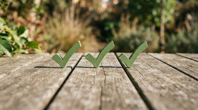 Three green checkmarks in a row on a warm weathered wooden deck outdoors