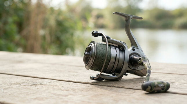 Fishing reel spooled with green line resting on a weathered lakeside deck