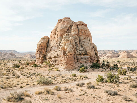 Layered sandstone butte standing in a sandy desert under a pale blue sky