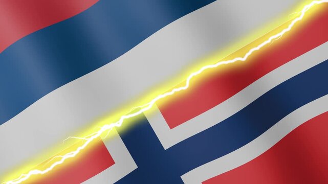 Two waving flags Serbia and Norway with diagonal lightning seamless, 4k loop