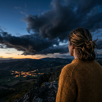 Woman in a yellow sweater on rocks above a valley town at dusk in soft daylight