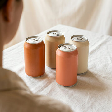 Four unlabelled aluminium cans arranged on crisp white linen from overhead