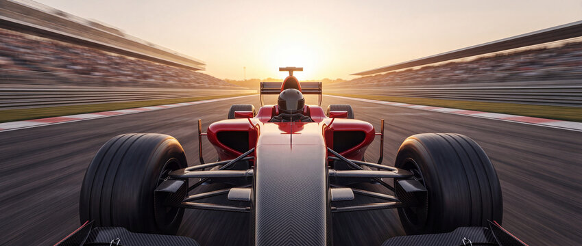 Race car speeding on track at sunset with motion blur, featuring red carbon-fiber bodywork, low front view, open-wheel design, and stadium bleachers for motorsport event banner