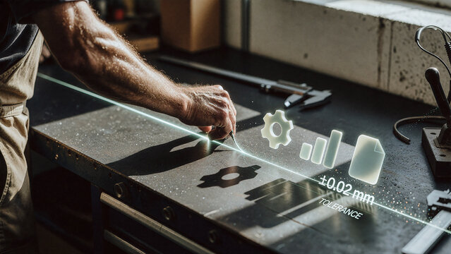 Hand grips metal scribe tool to mark dark steel plate on workbench under bright side lighting. Digital overlay displays millimeter tolerance data above industrial surface texture.