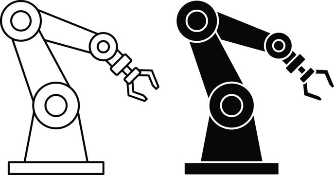 Industrial robotic arm glyph icons outline and solid style vector illustration with industrial robot robotics icon isolated