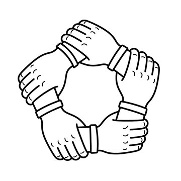Five hands linked in a circle representing unity, teamwork, cooperation, and community support in a simple line art style