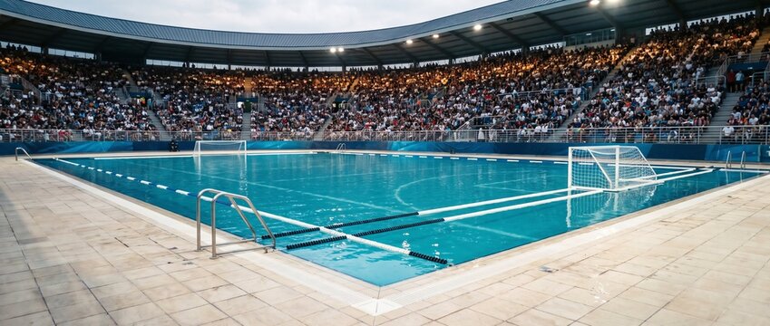 Poolside panorama captures water polo arena with floating goals and full stands. Concept of team aquatics, live tournaments, sporting venues and broadcast media.
