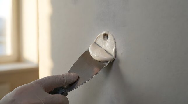 Hand in a glove using a metal putty knife to patch a small hole on a gray wall with white spackle filler paste