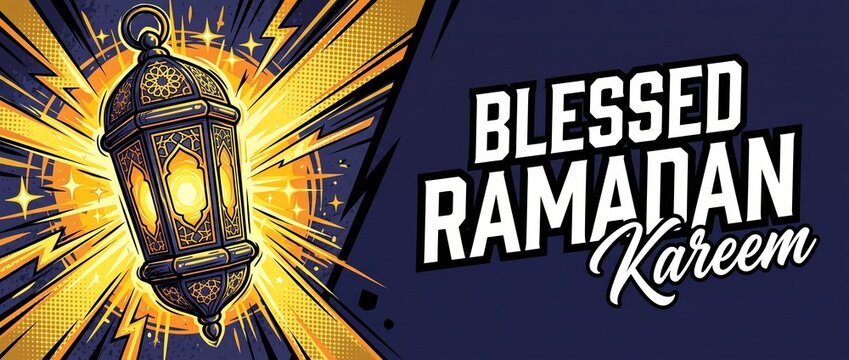 Ramadan Kareem lantern banner vector illustration glowing comic pop art style Islamic fanous light with Mubarak greeting typography for holy month celebration poster background design template.
