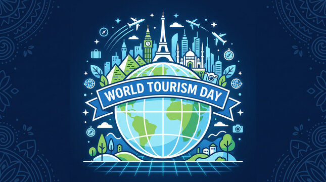 Circular World Tourism Day emblem featuring global landmarks and a blue globe.