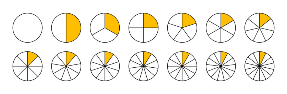 Parts of diagram wheel from 1 to 14. Filled pie chart template. Sectors divide circle on fourteen equal parts. Outline black graphics. Pie charts, pizza charts set. Coaching blank. Segmented charts.