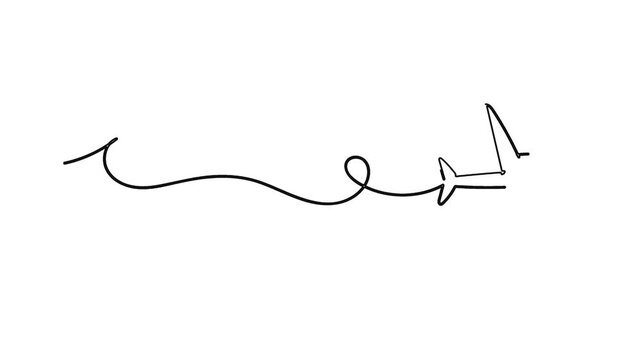 Minimal plane drawing animation representing travel route on white backdrop.