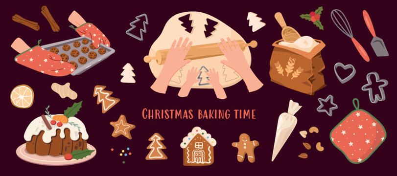 Christmas baking time set with gingerbread cookies, rolling dough, flour bag, pudding, oven mitts, and utensils on dark background. Holiday vector collection.
