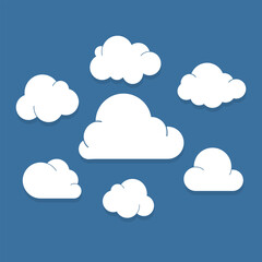 Fototapeta premium Bundle isolated vector illustration of white cloud icon set on blue background representing weather forecast overcast sky and atmospheric elements