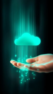 Abstract digital cloud computing concept with glowing data streams flowing onto open human hand for networking technology illustration