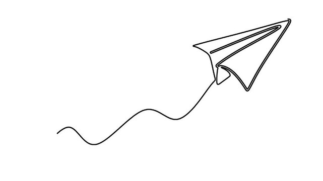 Continuous line drawing of paper airplane flying with dynamic wave motion.