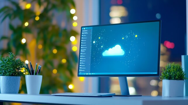 Modern home office computer display showing cloud computing technology interface with glowing data visualization software concept
