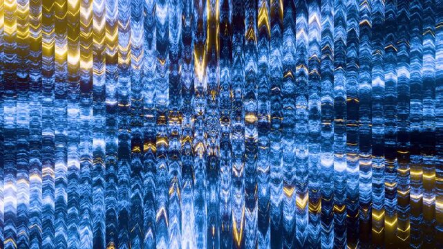 Luminous blue chevron lights fly outward through fluted glass. The glowing geometric distortion creates a high-energy backdrop.