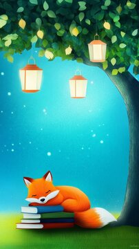 Cute fox sleeping on stack of books under illuminated hanging lanterns tree illustration of sleepy fox resting on books under glowing tree lanterns