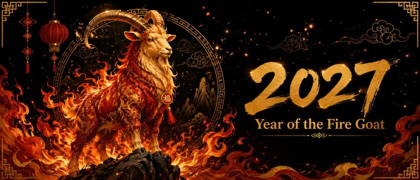 fire goat standing on mountain rock surrounded by flames beside golden 2027 text on black background, concept of chinese zodiac and lunar new year celebration