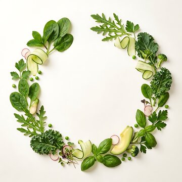 A circular frame made of fresh green salad leaves herbs and vegetables on a white background