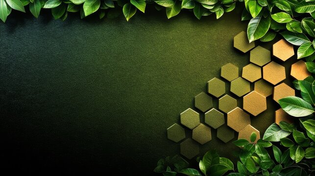 Natural green background with abstract hexagonal geometric patterns and fresh foliage leaves design frame for modern digital displays