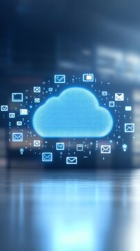 Abstract digital cloud computing concept with data transfer icons illustrating modern network communication technology infrastructure solutions