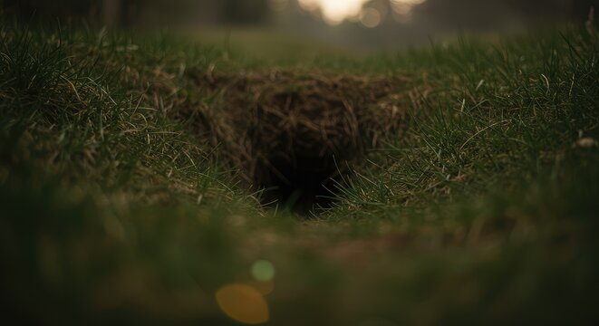A dark hole in a grassy field at sunset.  A small burrow