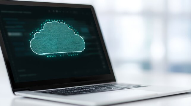 Modern laptop displaying glowing digital cloud computing network connection symbol for technology data storage concept