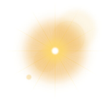 Sun lens flare golden optical burst with sharp starburst rays on transparent background