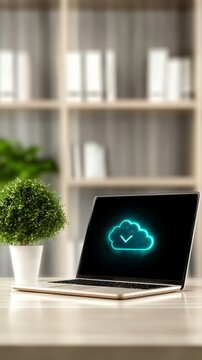 Laptop computer displaying digital cloud download icon symbol concept for data storage and modern office business cloud computing networking technology
