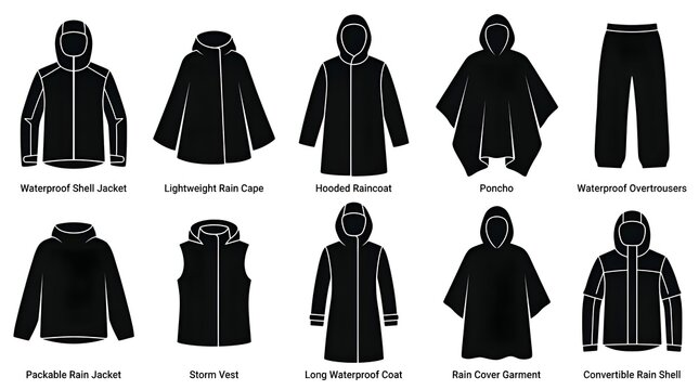 Rainy Season Waterproof Clothing and Rainwear Apparel Vector Silhouette Icon Set
