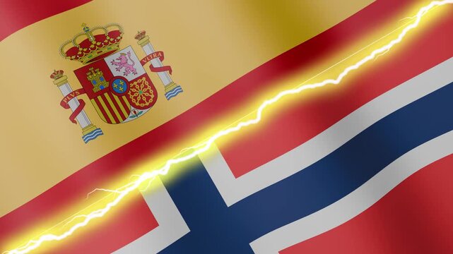 Two waving flags Spain and Norway with diagonal lightning seamless, 4k loop