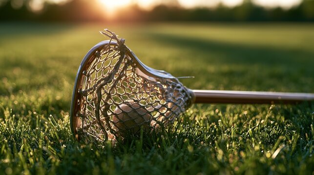 Lacrosse gear on sunlit green grass, stick and ball composition, light shadows, for spring sports themes or outdoor gear display
