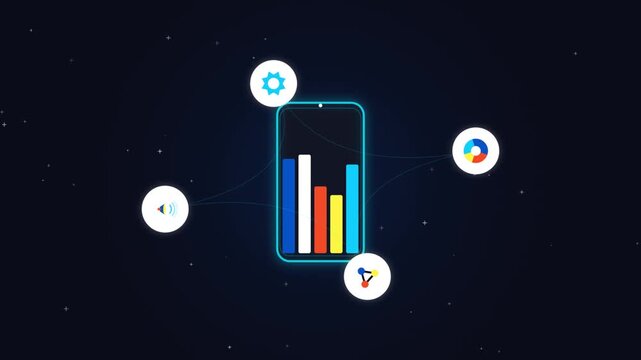 Smartphone with data analytics charts and settings icons motion video