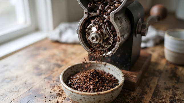 Fresh coffee beans being ground in a manual vintage coffee grinder, falling into a rustic ceramic bowl on a wooden kitchen counter