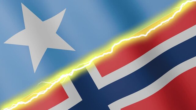 Two waving flags Somalia and Norway with diagonal lightning seamless, 4k loop