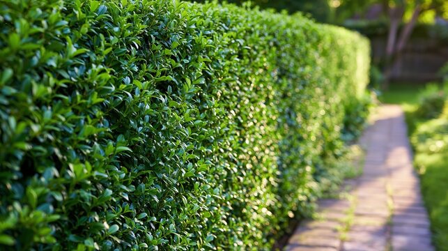 English garden hedge wall in morning light, green boundary along path, classic countryside for resort brochures or hotel visuals