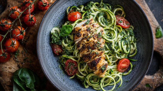 Zucchini noodles with pesto and grilled chicken, overhead shot, premium quality