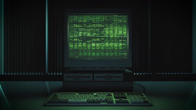 レトロPCとキーボードの3Dアニメーション　グリッチ表示　正面視点　ループ