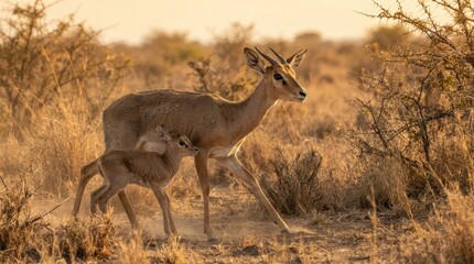 Naklejka premium Antelope Mother and Fawn in Arid Landscape: A gentle antelope mother stands protectively over her young fawn amidst the dry, golden grasses and thorny bushes of an arid landscape.