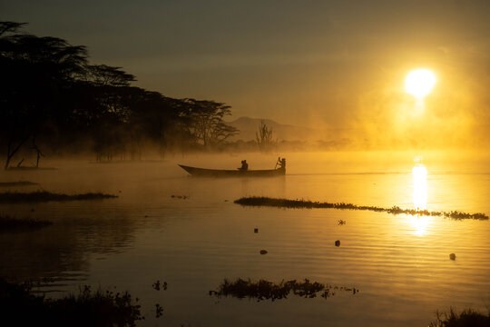 Fishermen Fishing on Lake Oloiden at Sunrise, Naivasha, Kenya