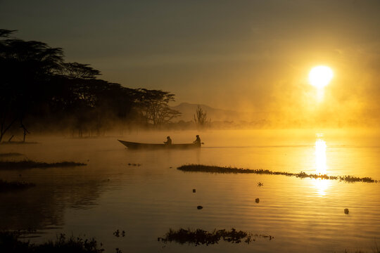 Fishermen Fishing on Lake Oloiden at Sunrise, Naivasha, Kenya