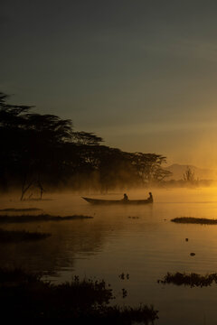 Fishermen Fishing on Lake Oloiden at Sunrise, Naivasha, Kenya