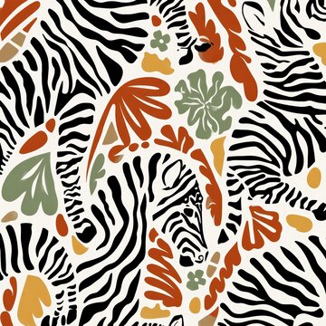 Zebra Stripes and Botanical Elements Seamless Pattern