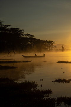 Fishermen Fishing on Lake Oloiden at Sunrise, Naivasha, Kenya