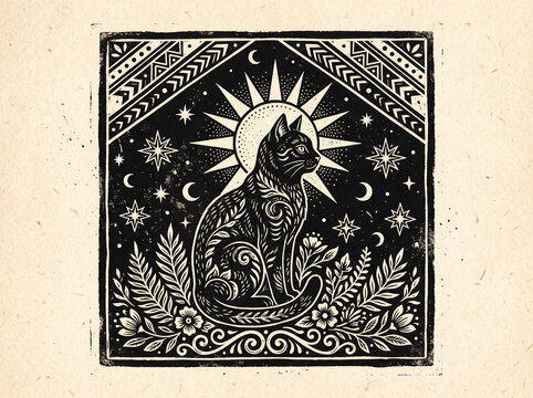 Mystical linocut illustration of a sitting cat and sun. Black and white celestial feline print with botanical patterns, stars and moons