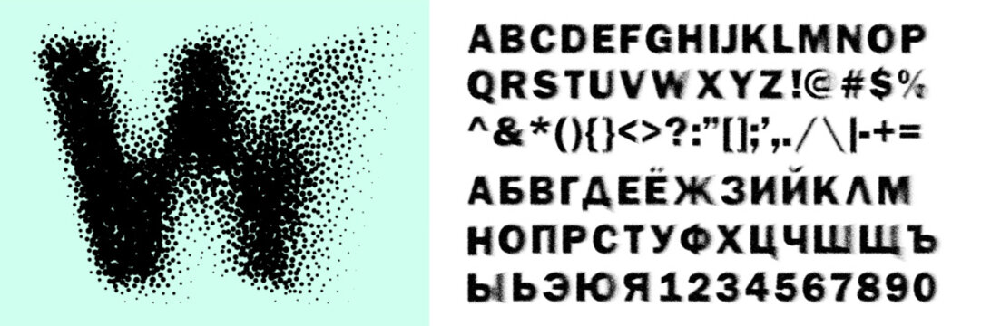 Alphabet airbrush symbol, dotted numbers font of noisy spray gradient. English letter and figure with russian stencil paint and black cyrillic numeral. Round powder dissolved with grainy pattern