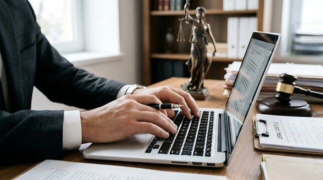 Lawyer working on laptop in office with justice statue and gavel, legal case file